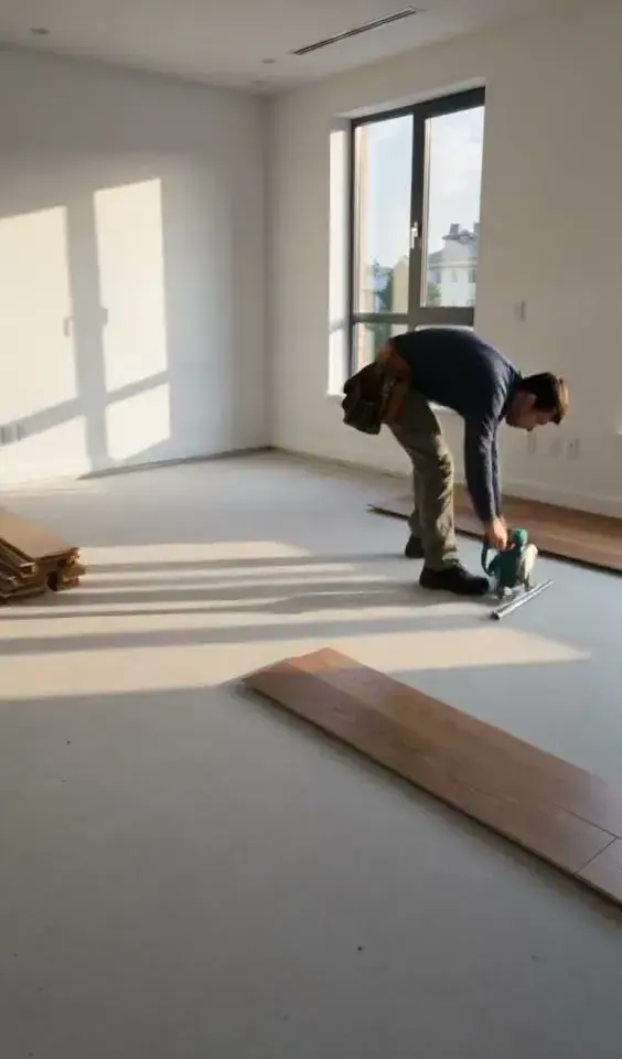 Colocando las tablas del suelo laminado, una a una