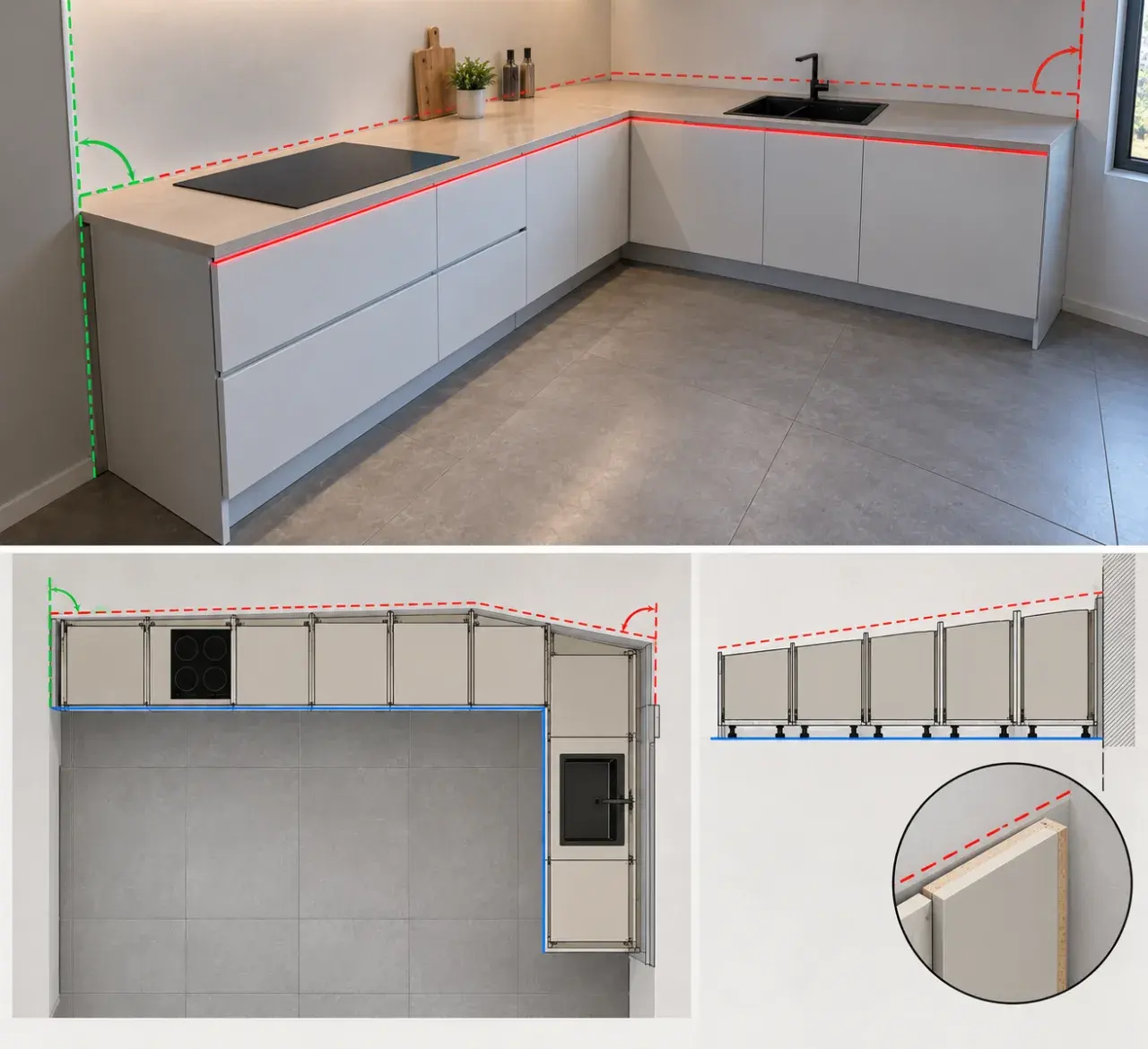 Cómo cuadrar el frente de una cocina cuando la pared no es recta