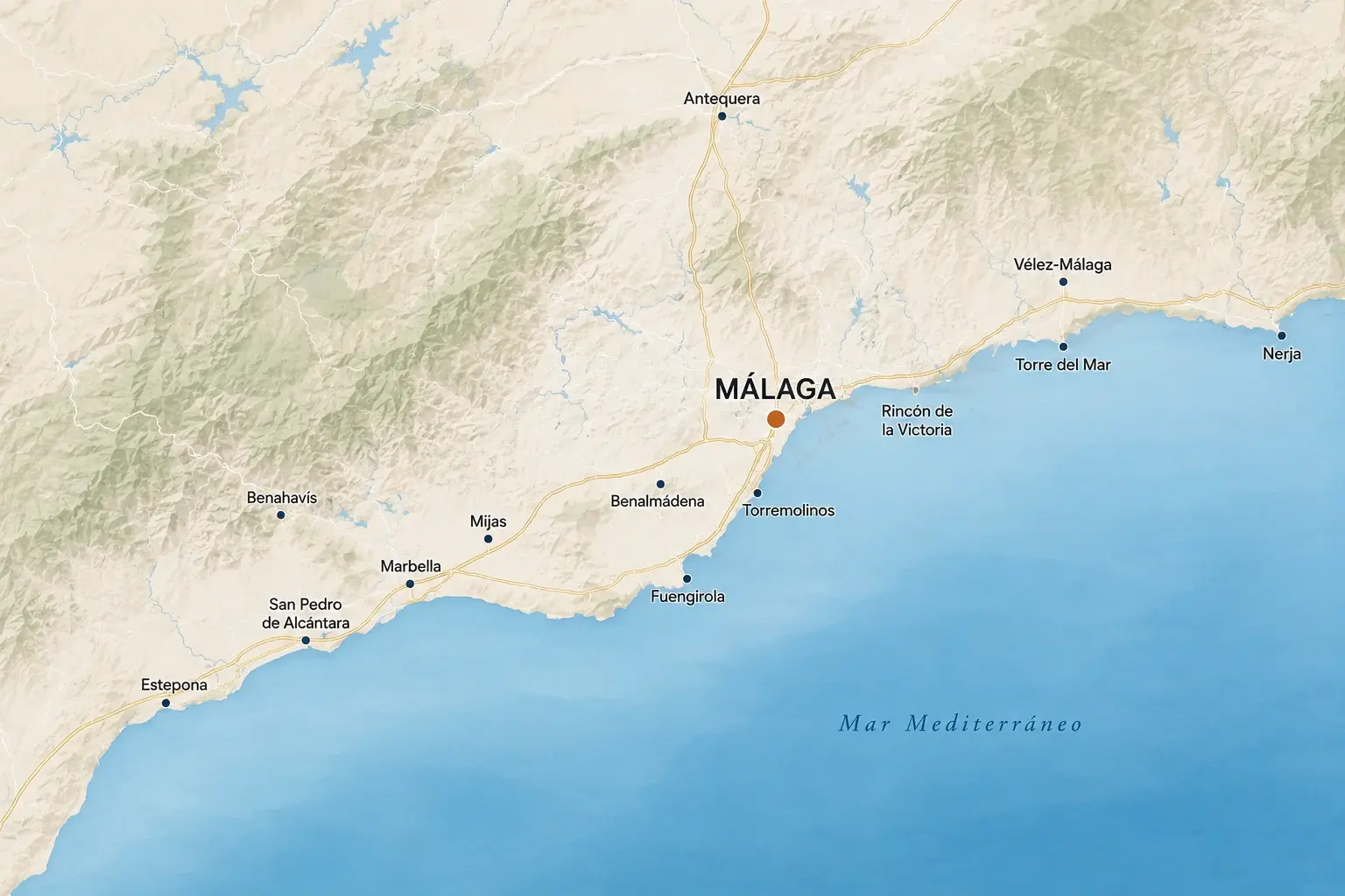 Mapa de la zona de servicio de FACIFIX: Málaga, Marbella, Estepona, Fuengirola, Torremolinos, Vélez-Málaga y alrededores